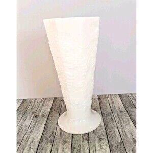 Vintage Milk Glass Paneled Grape Footed Vase 10" Tall White Raised Fruit